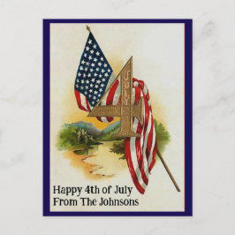 Cartão Postal Vintage Quarto de julho Patriotic Flag Nome Person