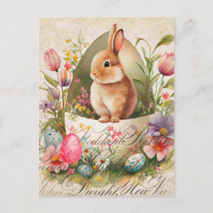 Cartão Postal Vintage Rabbit de Páscoa Floral Antiquado
