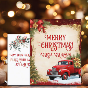 Cartão Postal Vintage Red Car Dourada Glitter Winter