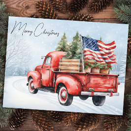 Cartão Postal Vintage Red Christmas Truck USA Flag Patriotic