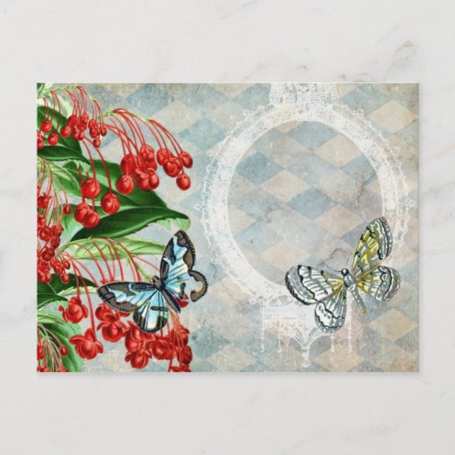 Cartão postal Vintage Red Floral Argyle (Frente)