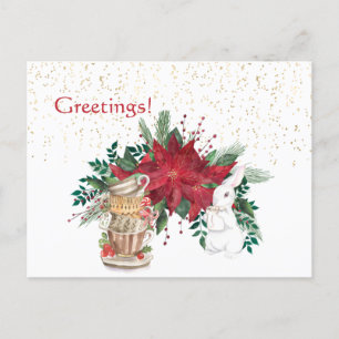Cartão Postal Vintage Red Poinsettia Teacups Rabbit Natal