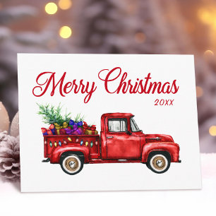 Cartão Postal Vintage Red Truck Oferta Árvore Feliz Ano de Natal