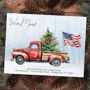 Cartão Postal Vintage Red Truck Patriotic US Flag Holiday Moving