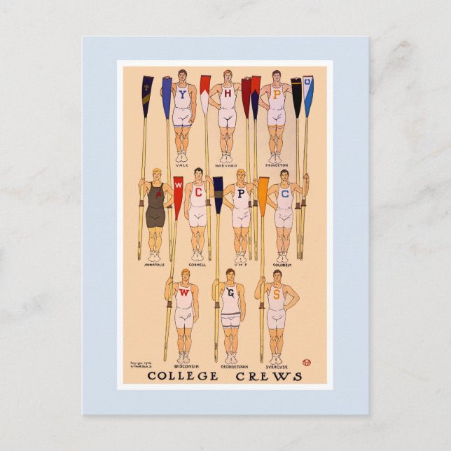 Cartão Postal Vintage remando tripulações universitárias de 1908 (Frente)