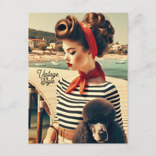 Cartão Postal Vintage retro glamour girl with poodle