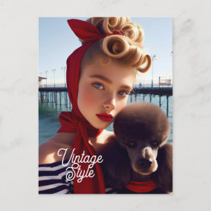 Cartão Postal Vintage retro glamour girl with poodle