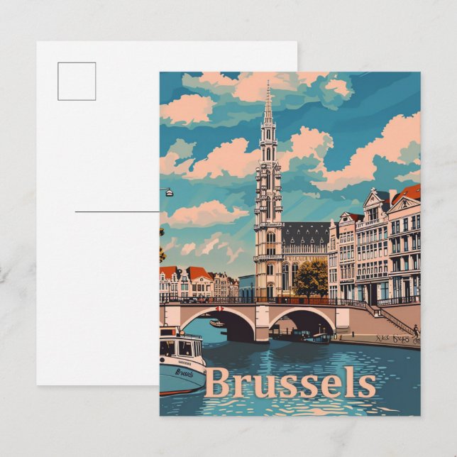 Cartão Postal Vintage Retro Viagem Illustração Bruxelas Bélgica (Frente/Verso)