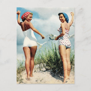 Cartão Postal Vintage Retro Women 60s Surfing Beach Girls