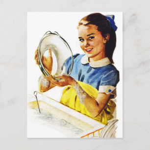 Cartão Postal Vintage Retro Women Girl está lavando a louça