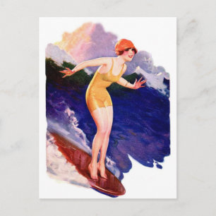 Cartão Postal Vintage Retro Women Kitsch 20s Surfe no Surfe