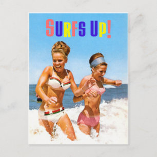 Cartão Postal Vintage Retro Women Surfs Up Beach Girls