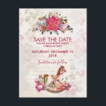 Cartão Postal Vintage Rocking Horse Christmas Salvar a Data<br><div class="desc">Um natal festivo salve o cartão postal. O fundo é uma colagem de estilo vintage com uma imagem esmaecida de rosas cor-de-rosa, folhas verdes e escrevendo francês. Camadas sobre o topo está um bonito buquê de natal de poinsettia e um cavalo de balanço vitoriano cercado de peônias e posições rosa...</div>