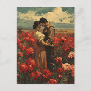 Cartão Postal Vintage Romance: Casal no Campo de Peonia Vermelha