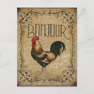 Cartão Postal Vintage Rooster Bonjour Paris