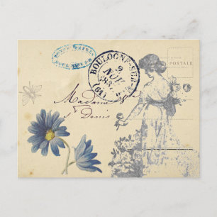 Cartão Postal Vintage - Rosa francesa Lady Bee Flower Postmark