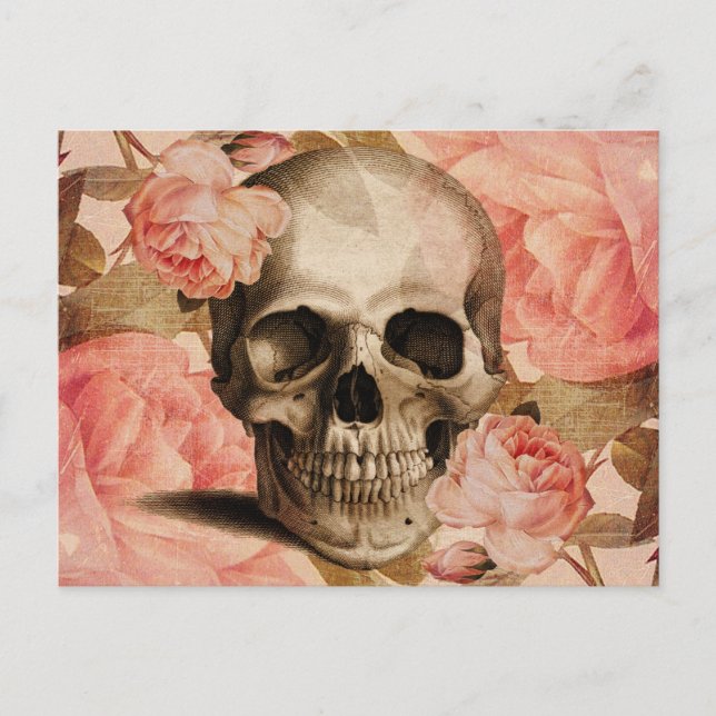 Cartão Postal Vintage Rosa Skull Collage (Frente)