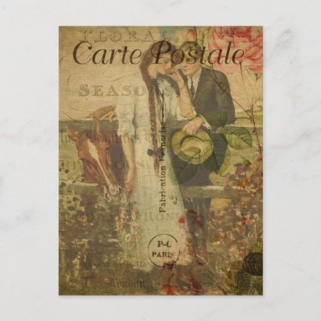 Cartão Postal Vintage Rosas Rosa-Casal Românticas Francesas (Frente)