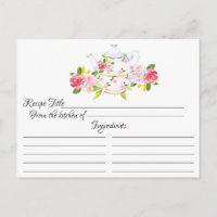 Vintage Rose Tea Pot Floral Recipe Card