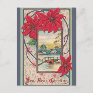 Cartão Postal Vintage Rural Winter ScenBridge New Year