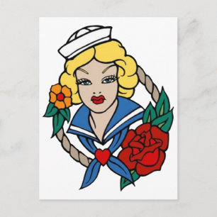 Cartão Postal Vintage Sailer Girl com Rosa Tatuagem Art