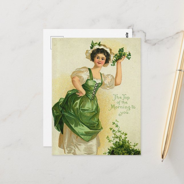 Cartão Postal vintage Saint Patrick's Day Lady (Frente/Verso In Situ)