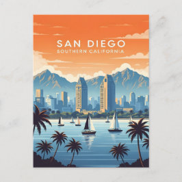 Cartão Postal Vintage San Diego skyline com veleiros