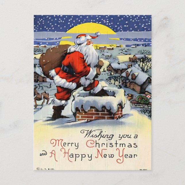 Cartão Postal Vintage Santa Claus on Snowy Rooftop (Frente)