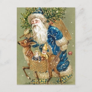 Cartão Postal Vintage Santa Claus Reindeer Christmas
