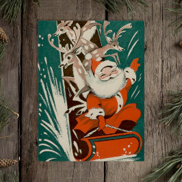 Cartão Postal Vintage Santa Claus + Reindeer Sleding Retro xmas