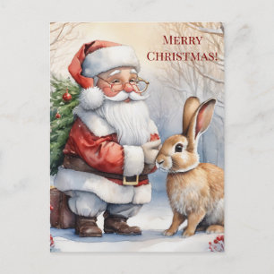 Cartão Postal Vintage Santa Clause e seu coelho em um Dia de Nev