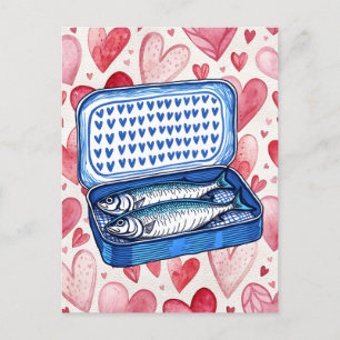 Cartão Postal Vintage Sardines Watercolor Hearts Love Card