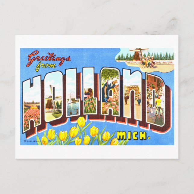 Cartão Postal Vintage Saudações da Holanda, Michigan, (Frente)