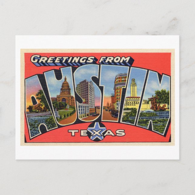 Cartão Postal Vintage Saudações de Austin, Texas (Frente)