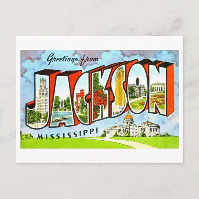 Cartão Postal Vintage Saudações de Jackson, Mississippi, (Frente)