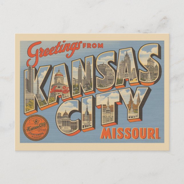 Cartão Postal Vintage "Saudações de Kansas City, Missouri" (Frente)