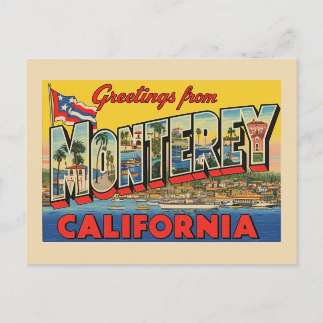 Cartão Postal Vintage "Saudações de Monterey, Califórnia" (Frente)