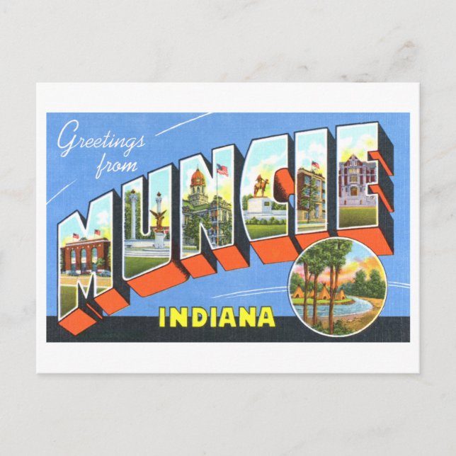 Cartão Postal Vintage Saudações de Muncie, Indiana (Frente)