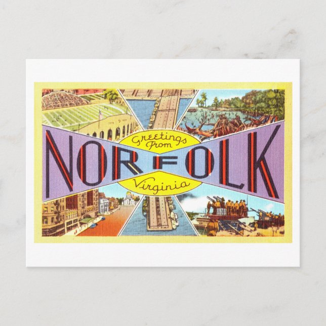 Cartão Postal Vintage Saudações de Norfolk, Virgínia (Frente)