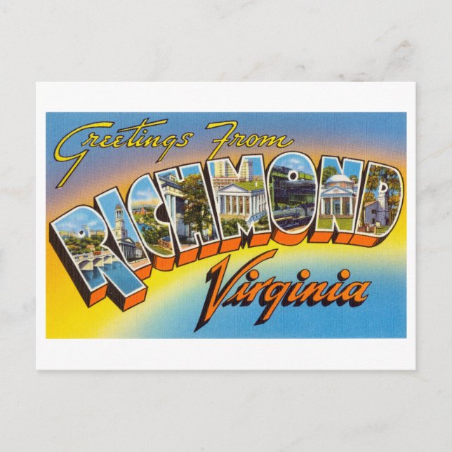 Cartão Postal Vintage Saudações de Richmond, Virgínia (Frente)