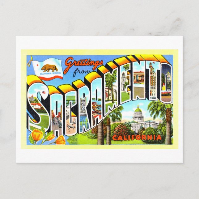 Cartão Postal Vintage Saudações de Sacramento, Califórnia, (Frente)
