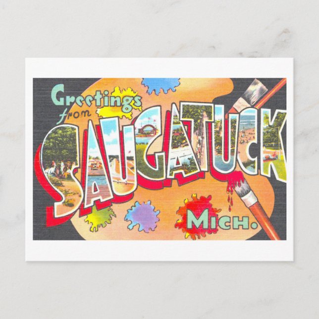 Cartão Postal Vintage Saudações de Saugatuck, Michigan, (Frente)