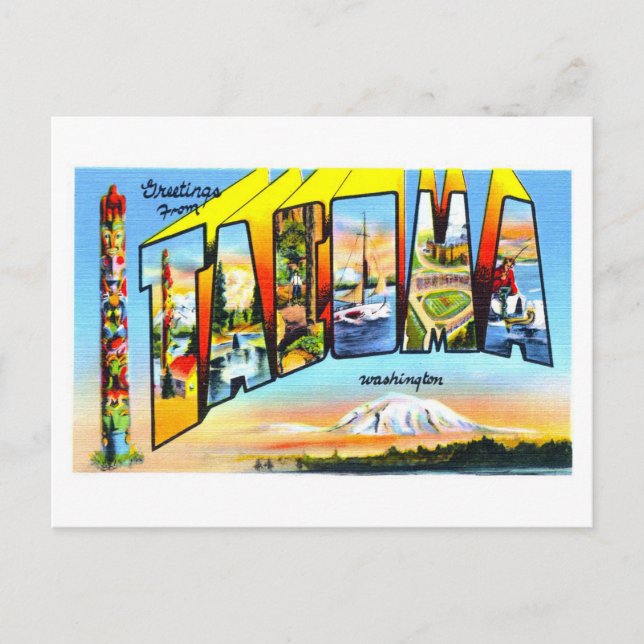Cartão Postal Vintage Saudações de Tacoma, Washington, (Frente)