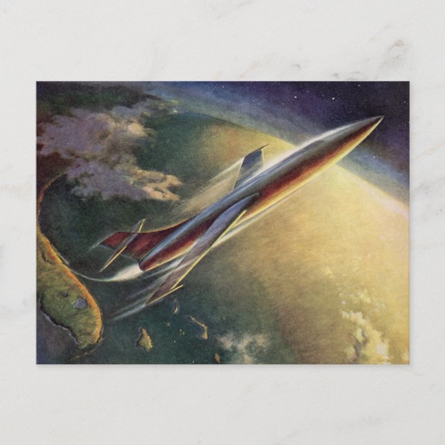 Cartão Postal Vintage Science Ficeship Airplane Earth (Frente)