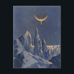 Cartão Postal Vintage Science Ficet, Crescent Moon Snow Planet<br><div class="desc">Ilustração vintage: planetas futuristas de ficção científica e imagem espacial. Um 50 de quadrinhos retrô sci fi com um planeta estrangeiro coberto de gelo e neve à noite com uma lua crescente sobre as montanhas no inverno.</div>