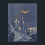 Cartão Postal Vintage Science Ficet, Crescent Moon Snow Planet<br><div class="desc">Ilustração vintage: planetas futuristas de ficção científica e imagem espacial. Um 50 de quadrinhos retrô sci fi com um planeta estrangeiro coberto de gelo e neve à noite com uma lua crescente sobre as montanhas no inverno.</div>