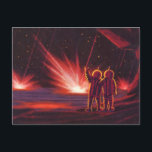Cartão Postal Vintage Science Fiction Alienígena Red Planet Expl<br><div class="desc">Imagem de Vintage,  ilustração futurista Science Fiction com astronautas alienígenas amigáveis acenando. Eles estão em um planeta ou lua vermelho com bolas de fogo explosivas que se parecem com fogos de artifício. Um clássico design de quadrinhos retrô 50 de ficção científica.</div>