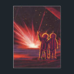 Cartão Postal Vintage Science Fiction Alienígena Red Planet Expl<br><div class="desc">Imagem de Vintage,  ilustração futurista Science Fiction com astronautas alienígenas amigáveis acenando. Eles estão em um planeta ou lua vermelho com bolas de fogo explosivas que se parecem com fogos de artifício. Um clássico design de quadrinhos retrô 50 de ficção científica.</div>