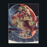 Cartão Postal Vintage Science Fiction Astronaut Rocket Spaceship<br><div class="desc">Imagem de Vintage: viagem de ficção científica futurista e imagem de transporte. Uma nave espacial transparente voando sobre o planeta Terra com um piloto astronauta. Um clássico design de ficção científica de quadrinhos retrógrados do 50 do futuro.</div>