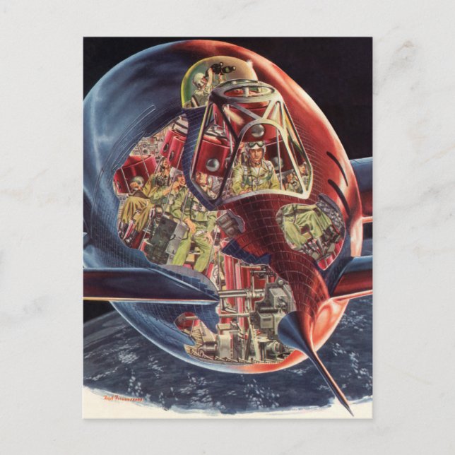 Cartão Postal Vintage Science Fiction Astronaut Rocket Spaceship (Frente)